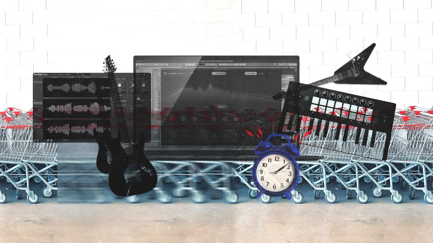 monochrome image of vocalign ultra, the landr mastering plugin and an mpc over shopping carts, guitars and an alarm clock