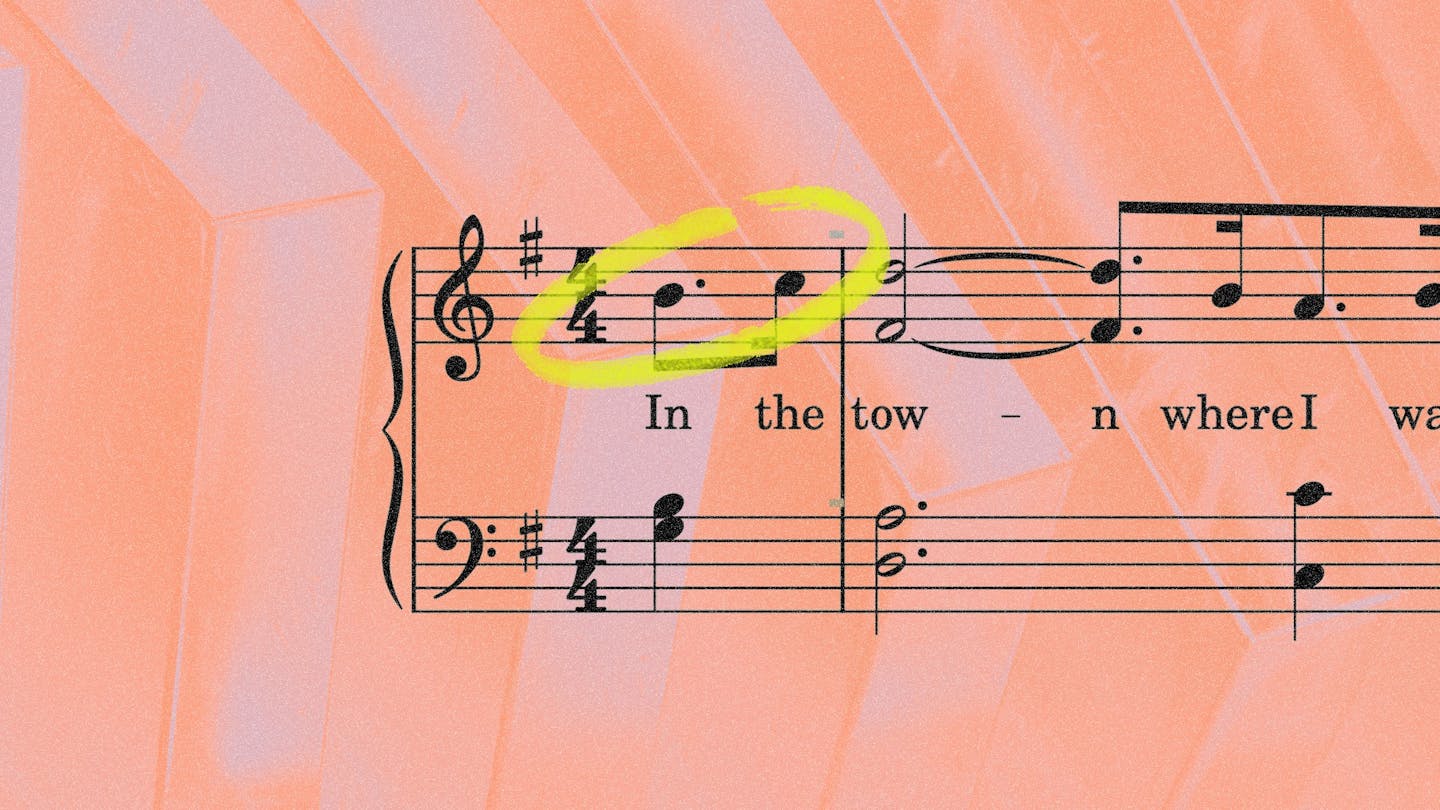 a musical score showing a downbeat
