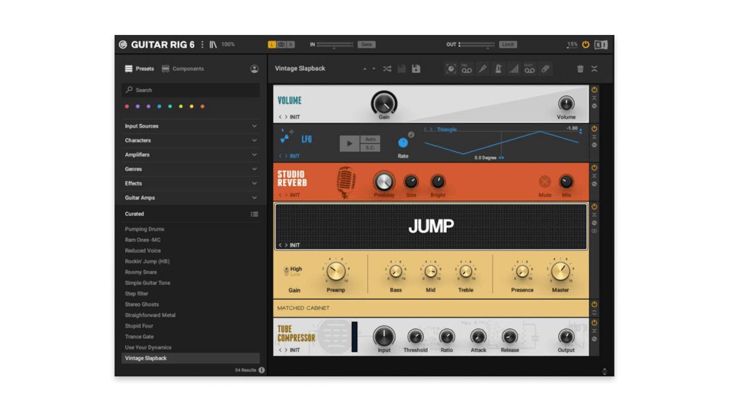 Stompbox effects in your DAW with NI Guitar Rig 6 Player.