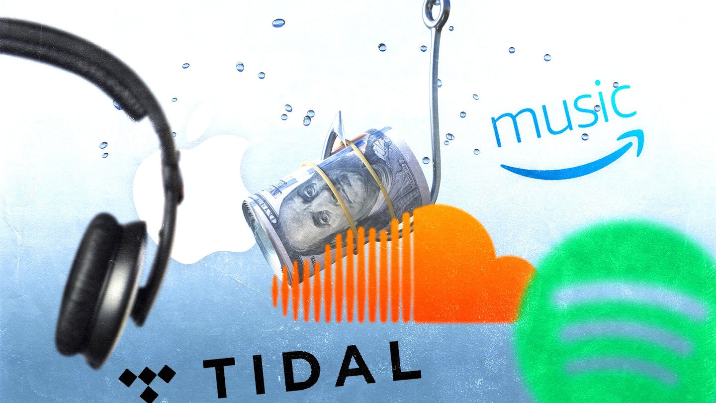 headphones with tidal logo, soundcloud logo, spotify logo, amazon music logo and a wad of 100 dollar bills tied with 2 rubber bands and hooked to a fishing hook.