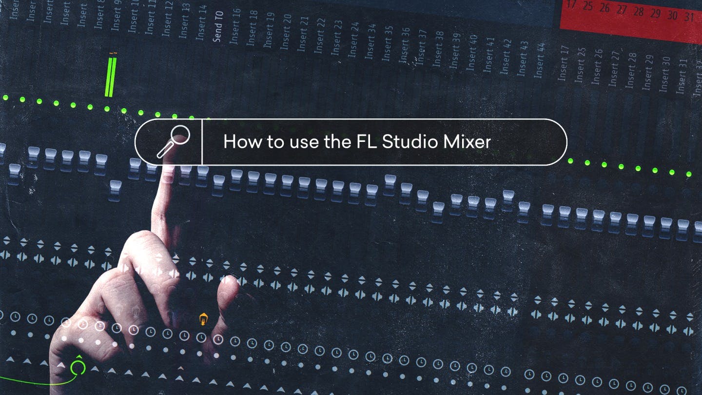 a zoomed-in image of a fl studio mixer with a search bar and a finger poiting to a magnifying glass