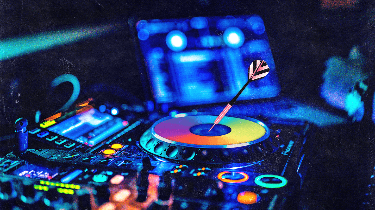 an illustrated image of a DJ setup and a color gradient representing the camelot wheel